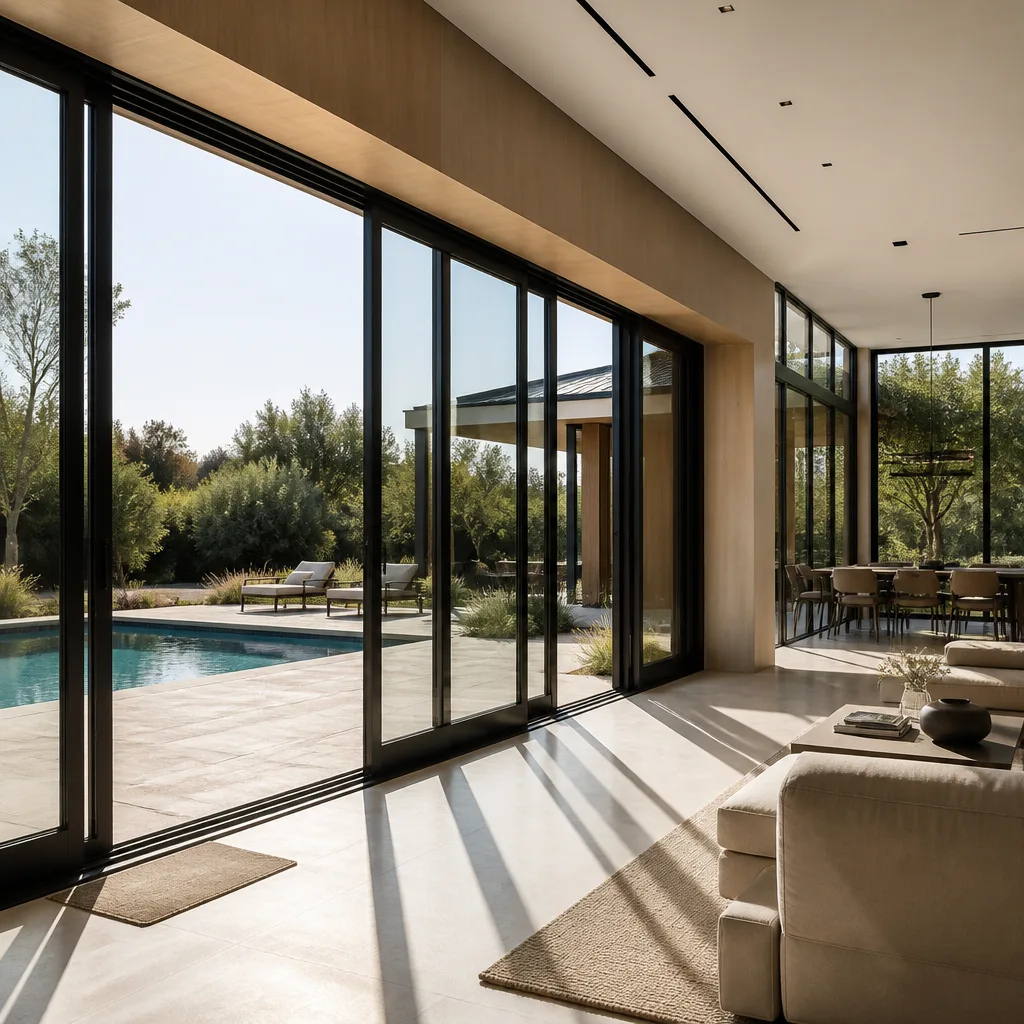 Modern black-framed sliding patio doors opening to a lush garden view