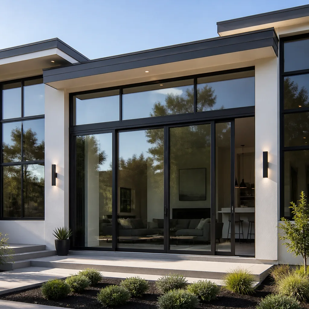 Modern black framed patio door installation viewed from an outdoor patio
